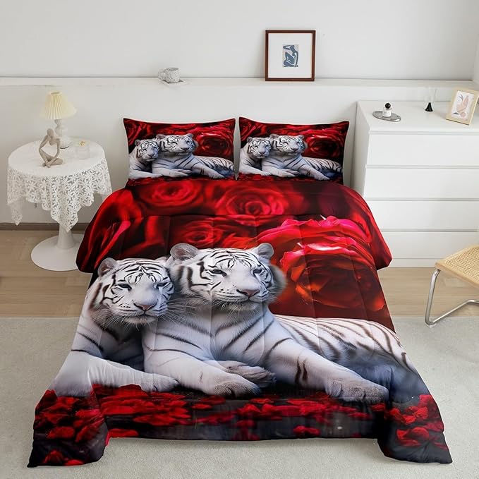 Tiger Red Rose Comforter Set, King Size, Red & Brown Floral Quilted Duvet Insert