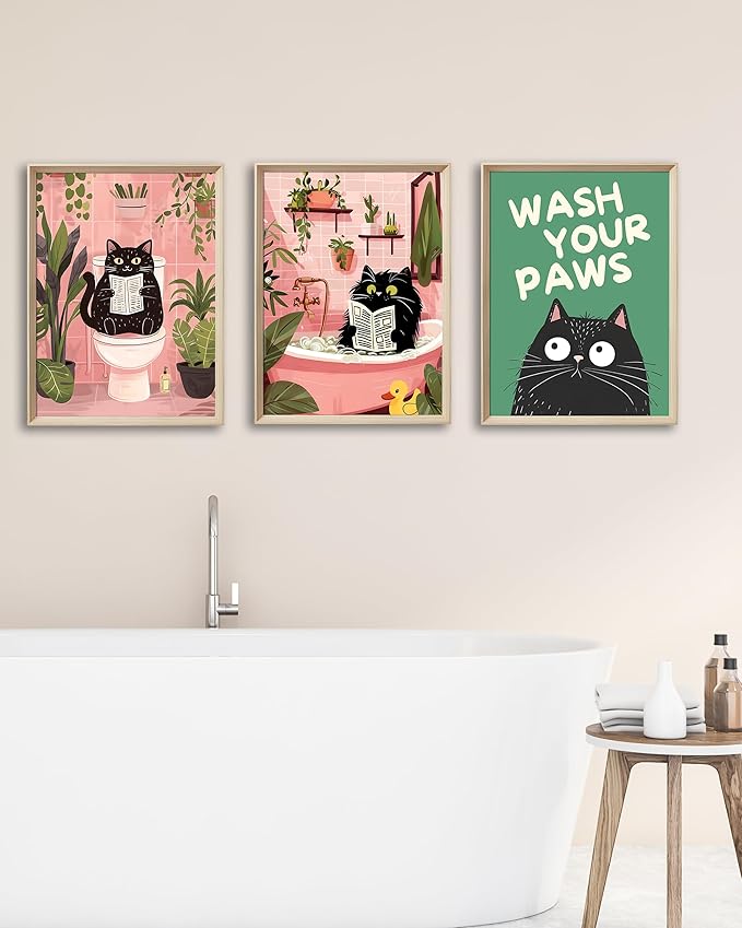 UPWOIGH 12"x16" Wood Framed Wall Art – Funny Black Cat Canvas Decor, Are You Pooping? Vintage Bathroom Poster Set of 3, Cute Reading Animal Humor Prints for Apartment, House, or Restroom Decoration