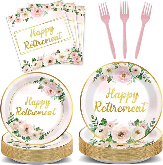 96Pcs Flower Retirement Party Decorations for Women White Peony Happy Retirement Plates Tableware Pink Gold Floral Retirement Dinnerware Napkin for Goodbye Going Away Farewell Party Supplies 24 Guests