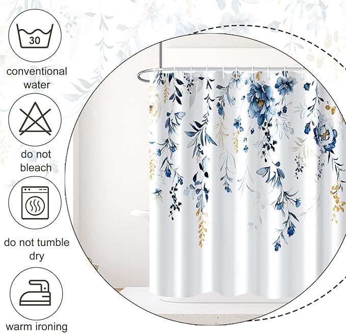AWERT Blue Plants Shower Curtain with Hooks Watercolor Leaves Shower Curtain for Bathroom Waterproof Bathroom Accessories Bathtub Decor 36x72inch