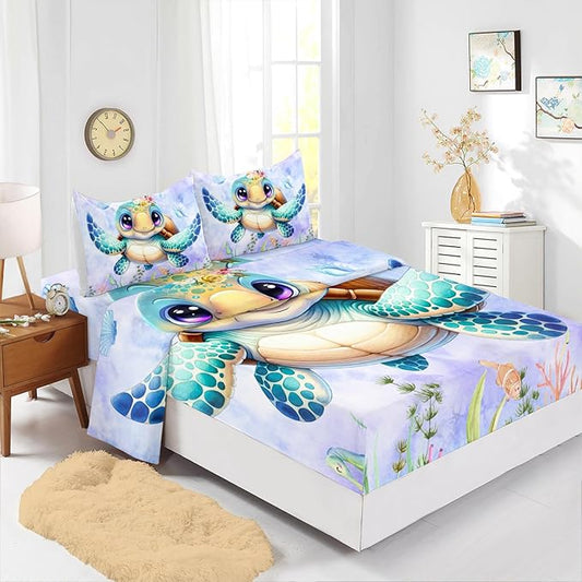Turtle Sheet Twin 4Pcs Ocean Life Shell Bedspread Set Kid Fish Crab Bedding Set for Boy Girl Watercolor Tortoise Seaweed Pattern Bed Set with 1 Flat Sheet and 1 Fitted Sheet+2 Pillowcases