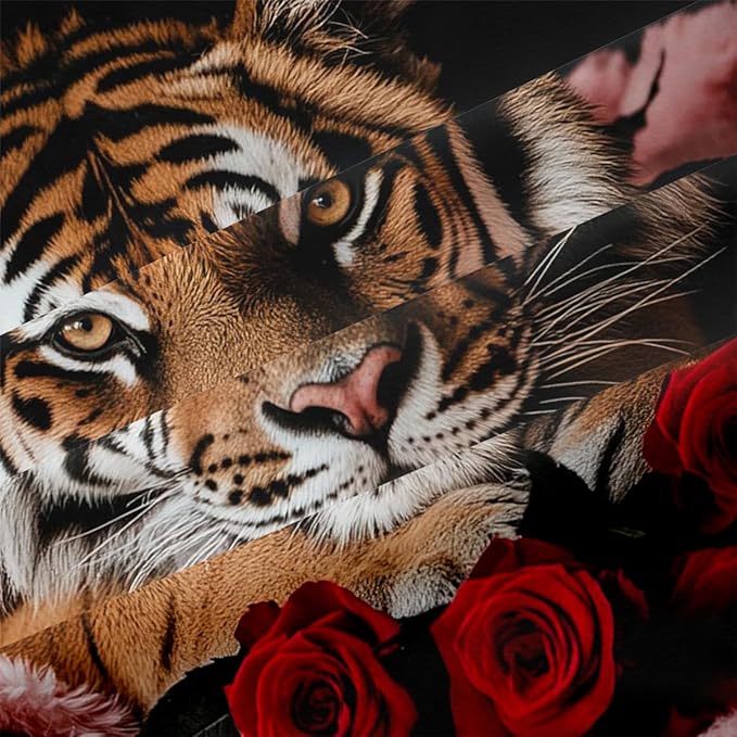 Tiger Comforter Set Full Size Wildlife Bedding Sets for Kids Teen Safari Animal Bedding Room Decor,Red Rose Quilt Set 3Pcs Soft Breathable Duvet Insert with 2 Pillowcases