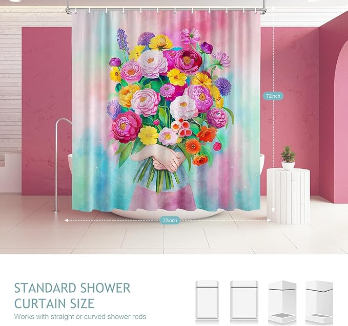 Vimorco Shower Curtain Pink Flower, Blue Bouquet Shower Curtains for Bathroom, Waterproof Quick-Dry Polyester Fabric Shower Curtain, Bathroom Curtains Set, Bath Curtain Decor, 72''x 72'', Floral