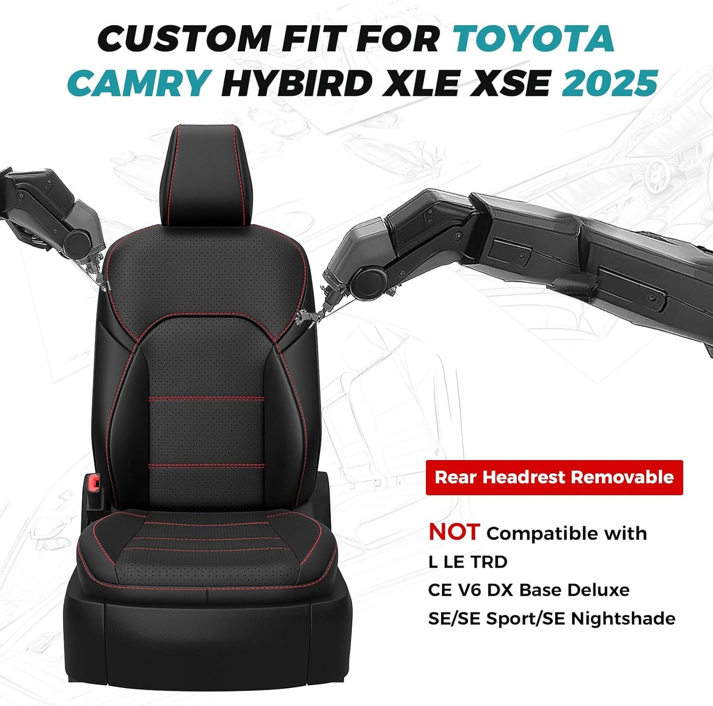 for Toyota Camry Seat Covers XSE XLE 2025 - Custom Fit Car Seat Covers Full Set, Leather Seat Covers for Cars, Waterproof Car Seat Cover, Black Red