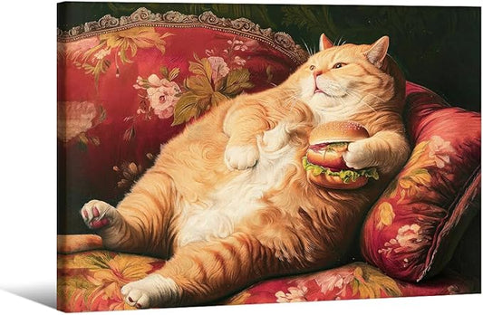 Victorian Renaissance Canvas Poster Funny Fat Cat With Hamburger Wall Art Lying In Sofa Cute Cat Painting Wall Decor 12x16 inch Framed for Animal Lover Gift