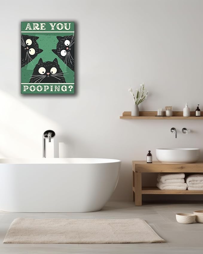UPWOIGH Bathroom Wall Art Decor, Black Cat Are You Pooping Funny Wall Art, Waterproof Wood Framed Canvas Wall Art Animals Abstract Prints, 12"x16"High-end Pictures for Dormitory Kids Room 1 Pack