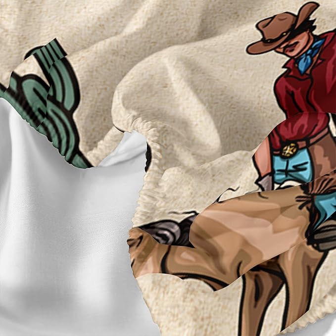 Western Cowboy Horse Sheet 4Pcs Queen Wrangler Cactus Bedding Set for Teen Girl Boy Adult Horseshoe Riding Boots Bed Decor Brown Vintage Sheet with 1 Flat Sheet and 1 Fitted Sheet+2 Pillowcases