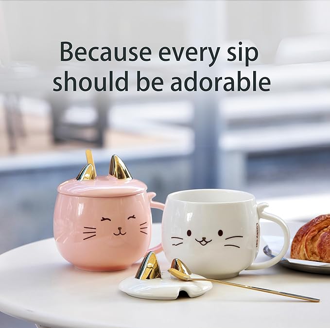 Yuwu Cat Ceramic Coffee Mug with Spoon & Lid, 13.5 oz Novelty Mug with Phone Stand Lid, Kawaii Tea Cup for Women & Cat Enthusiasts