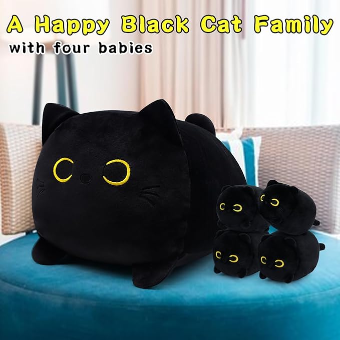 Black Cat Plush, Black Cat Stuffed Animals Cat Plushie Toy, Mommy Cat with 4 Baby Kittens Kawaii Birthday Gifts for Kids Boys Girls