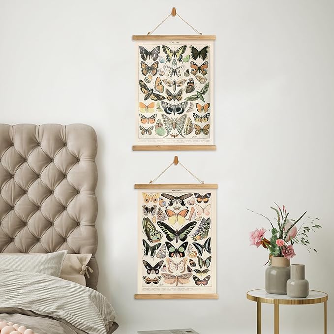 XIAOAIKA 2 Pack Vintage Butterfly Poster - Cottagecore Room Decor Aesthetic - Classic Lepidoptera Wall Art with Wooden Frame - Educational Decor for Nature Enthusiasts and Collectors 16 x 23 inches