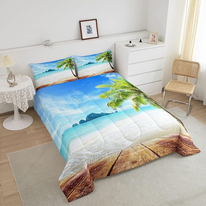 Beach Comforter Set King Size Ocean Bedding Set Tropical Palm Tree Hawaii Ocean Duvet Set Sunny Beach Coastal Nature Theme Duvet Set Sea Wave Mountain Brown Wooden Comforter Set 2 Pillowcases, Blue
