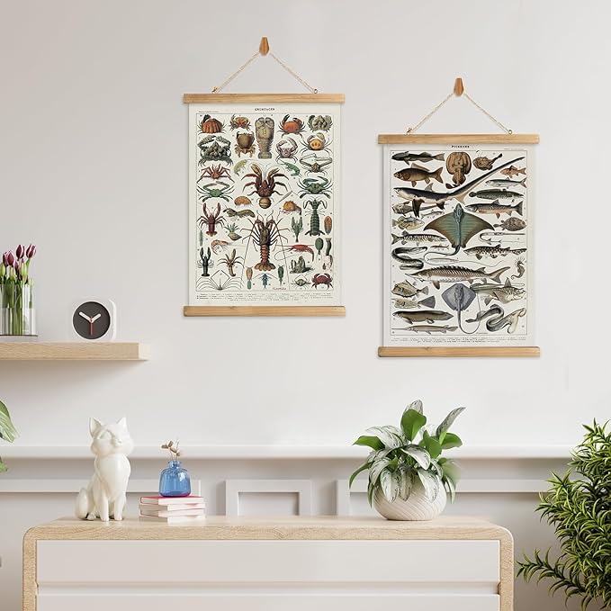 XIAOAIKA Set of 2 Vintage Marine Life and Crustaceans Wall Art Posters - Nautical Ocean Creatures & Seafood Illustration Prints with Wooden Hanger Frames for Home Decor 16 x 23 Inches