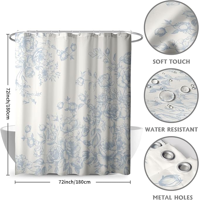 Vintage Chinoiserie Flowers Shower Curtain 72x72in Set with Hooks,Light Blue Porcelain Floral Leaves Asian Oriental Art Polyester Fabric Bathtub Bathroom Decor Bath Curtains