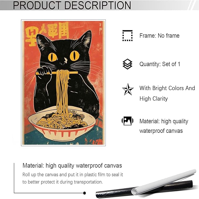 Vintage Cute Black Cat Eats Lamian Noodles Poster Prints Lamian Noodles Canvas Wall Art Cute Black Cat For Home Bedroom Kitchen Dorm Wall Decor 16x24in Unframed