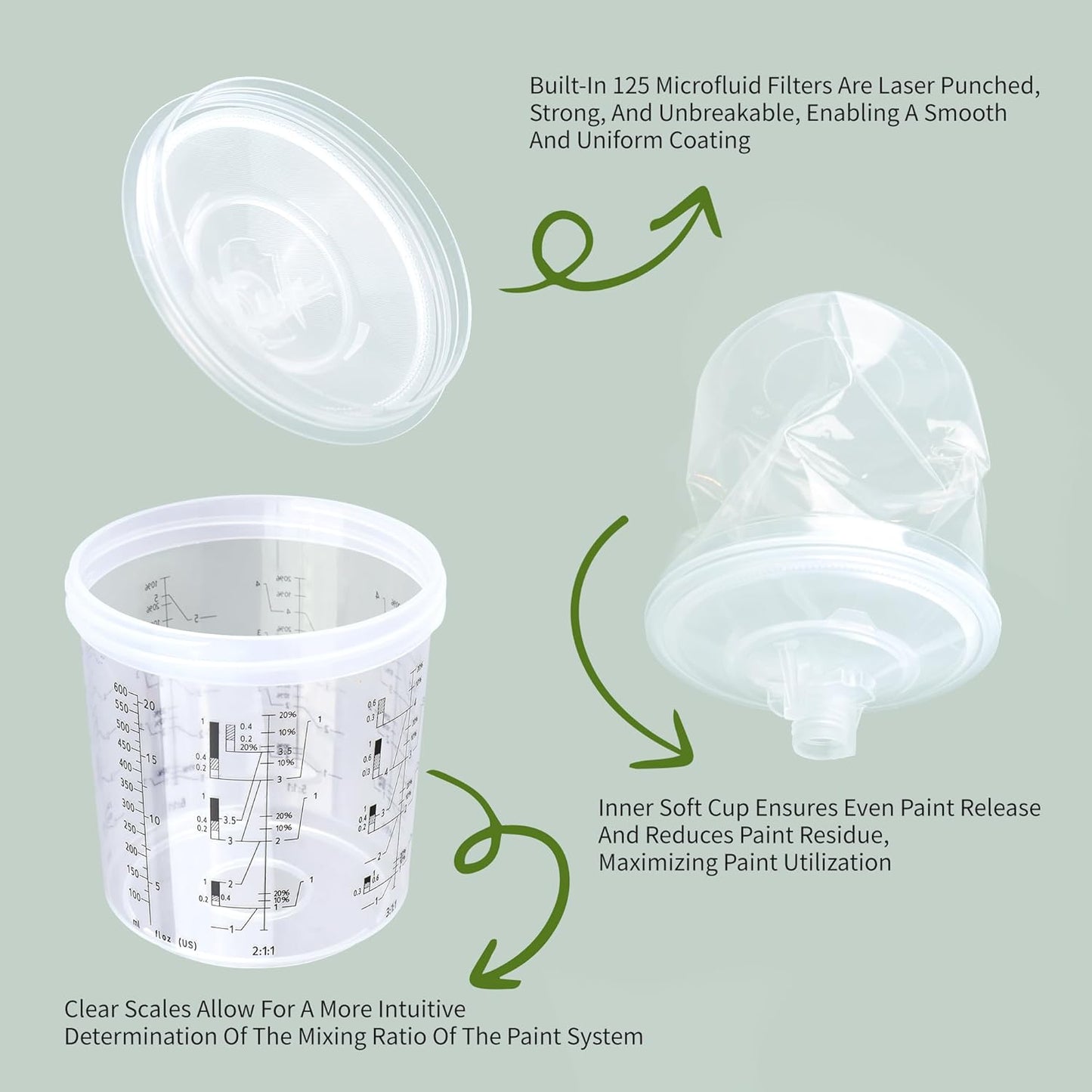 Disposable Paint Spray Gun Cups for Automotive Paint Gun, Paint Mixing Cups 20 Ounce-50 Pack Paint Cups with Lids,1 Hard Cup with Retainer Ring, 1 Cup Adapter, 20 Plugs with 1 Paint Stirrer