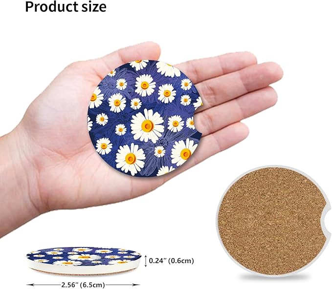 White Flowers Car Coasters for Drinks Absorbent,2 Pack Cup Holders,2.56" Ceramic Stone & Non-Scratch Cork Base Coasters,Auto Accessories for Women & Men.