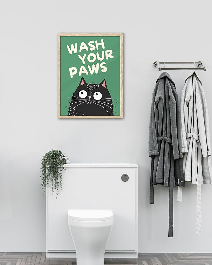 UPWOIGH Beige OAK Framed Wall Art Decor, Black Cat WASH YOUR PAWS Funny Wall Art, Waterproof Wood Framed Canvas Wall Art Animals Abstract Prints, 12"x16"High-end Pictures for Bedroom Bathroom 1 Pack