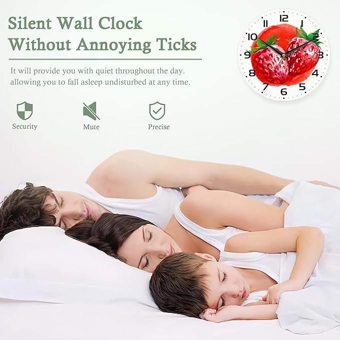Wall Clocks,Red Strawberry 10 Inch Wall Clock,Summer Small Battery Operated Wall Clocks Decorative for Kitchen/Living Room/Bedroom/Bathroom/Dining Room