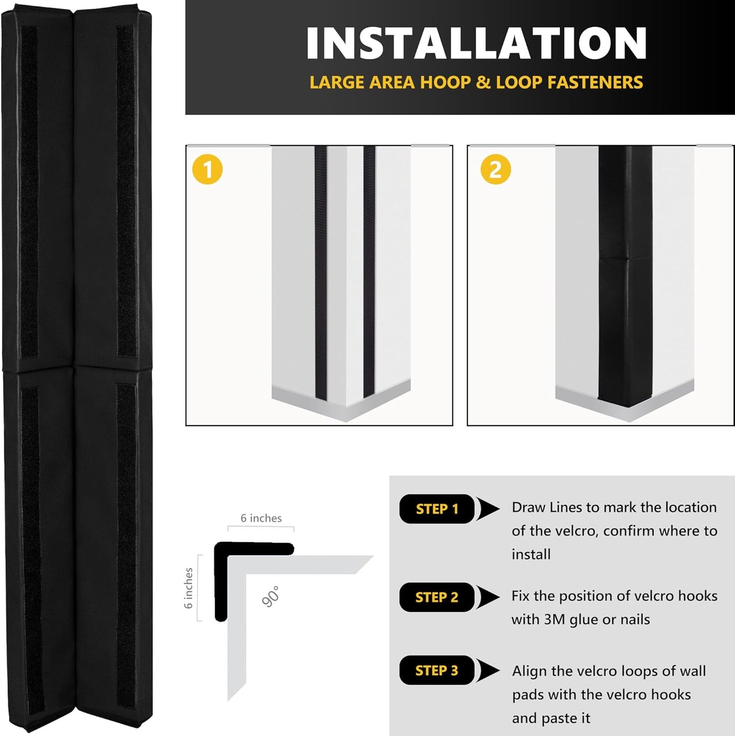 Wall Corner Guards & Edge Protector, Heavy Duty Wall Corner Protective Safety Padding, All-Weather 2 Sides Corner Pad for Gyms, Basketball Court, Playrooms, Garages,etc. (Black, 6FT Tall 6in Sides)