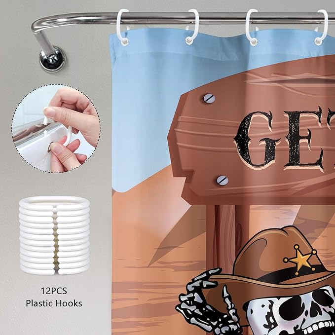 Western Cowboy Skull Skeleton Shower Curtain 60Wx72H Funny Cool Texas Gothic Spooky Unique Mexican Bone in Bathtub Bathroom Decor Retro Desert Cactus Bath Curtain Fabric Polyester 12 Pack Hooks