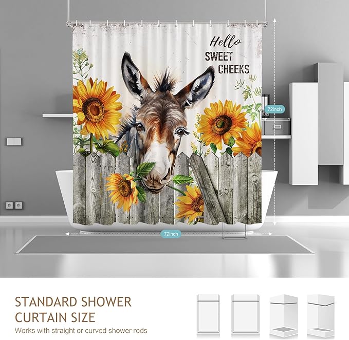Vimorco Shower Curtain Funny Donkey, Cute Donkey Shower Curtains for Bathroom, Waterproof Quick-Dry Polyester Fabric Shower Curtain, Farmhouse Sunflower Bathroom Set, Bath Curtain Decor, 72''x 72''
