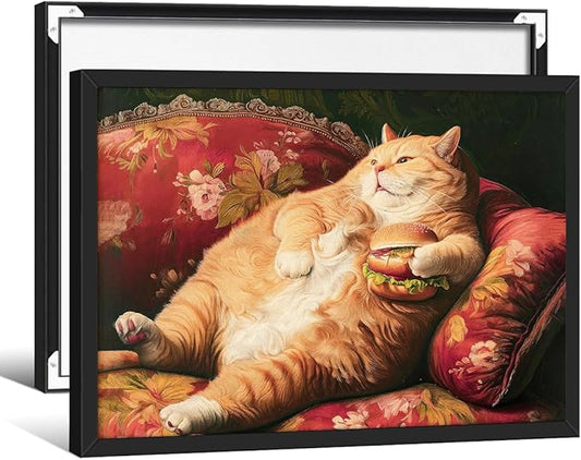 Victorian Renaissance Canvas Poster Funny Fat Cat With Hamburger Wall Art Lying In Sofa Cute Cat Painting Wall Decor 08x10 inch Black Framed for Animal Lover Gift