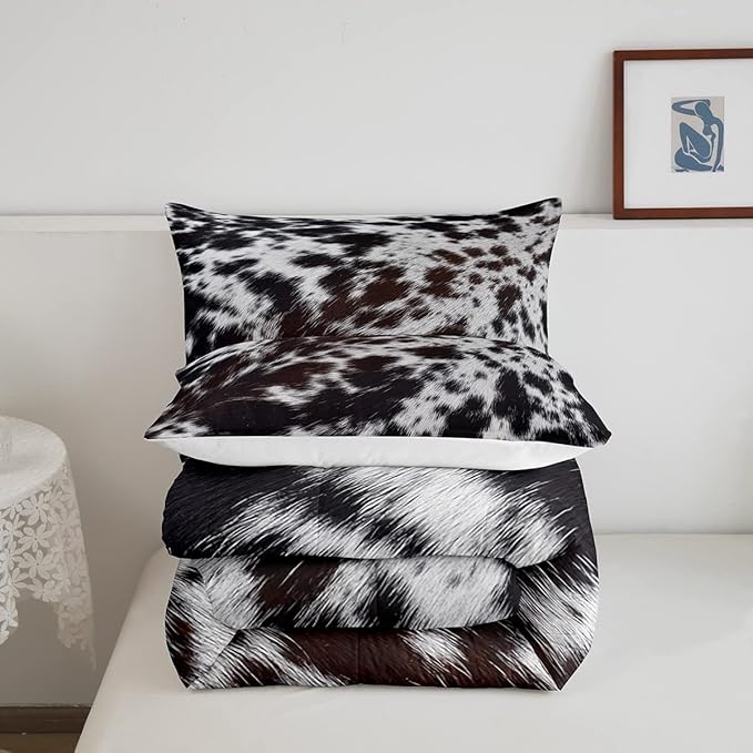 Western Brown Cowhide Comforter Set,Aztec Black White Cow Print Bedding Set King Rustic Farm Animal Down Comforter for Kids Boys Girls Men Women,Cowboy Cowhide Quilt Duvet Set Bedroom Decor 3 Pcs