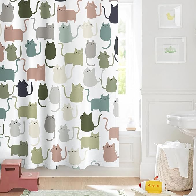 Sunlit Design Lovely Sage Green Cartoon Cats Fabric Shower Curtain, Cute Cats Bathroom Decoration Curtains for Baby Kids Children, 72x72