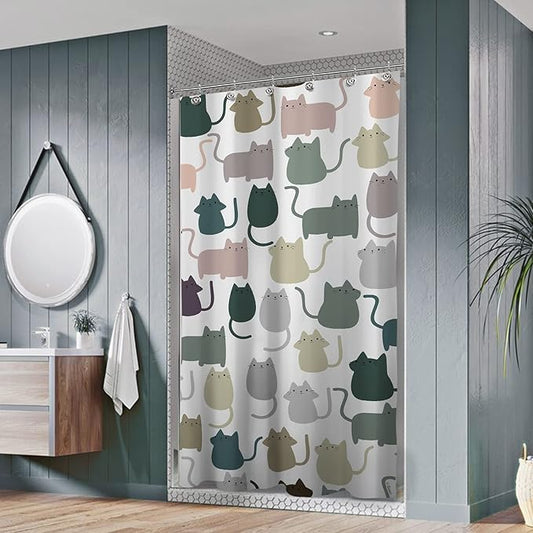 Sunlit Design 36 x 72 Inches Lovely Multicolor Cartoon Cats Fabric Small Stall Shower Curtain, Cute Cats RV Half Size Narrow Bathroom Decoration Curtains
