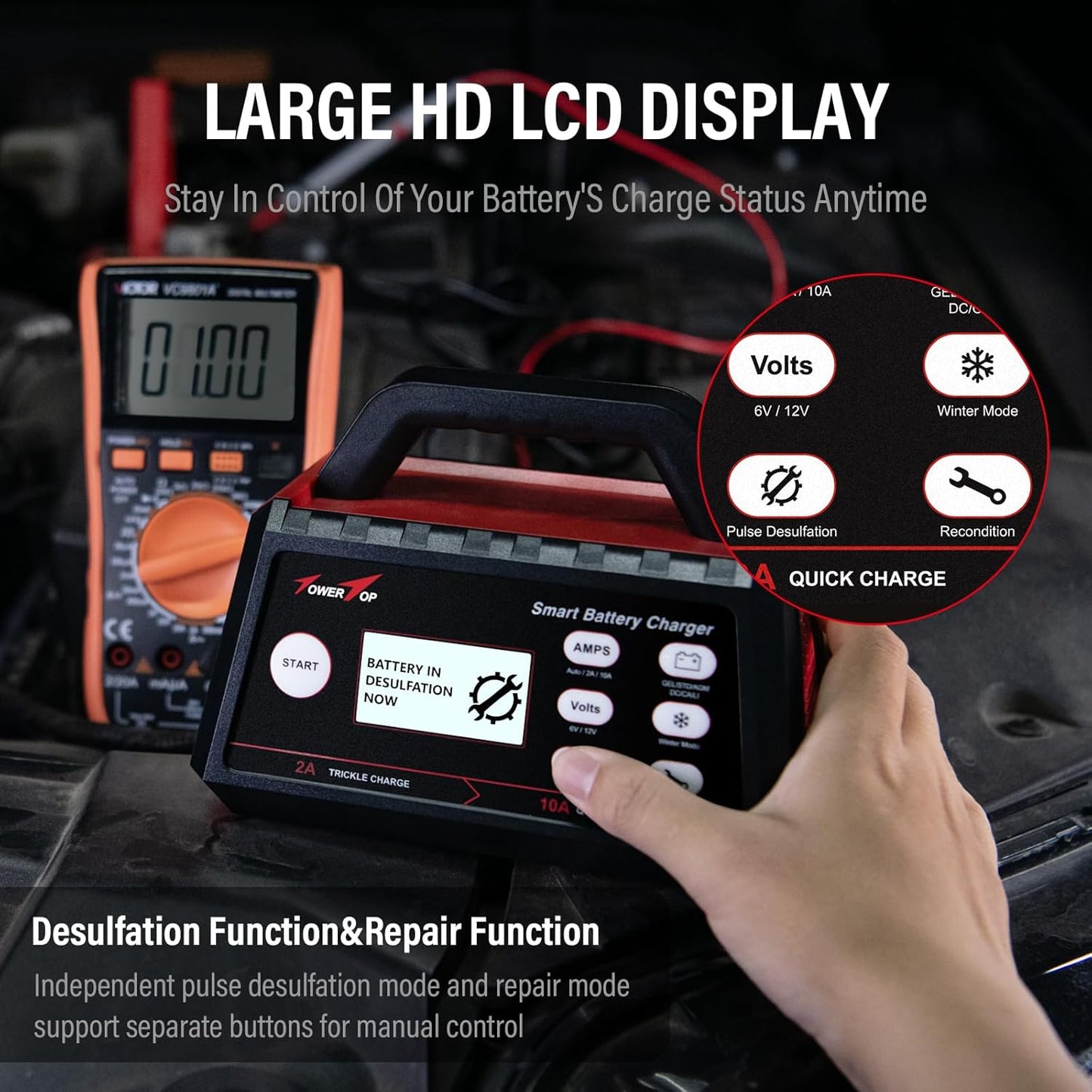 TowerTop Smart Car Battery Charger: 10A Battery Chargers 6V/12V Boat Battery Chargers with Auto Desulfator, Repair, Maintainer, Winter Mode, Suitable for AGM, Lithium (LiFePO4), Deep-Cycle Batteries