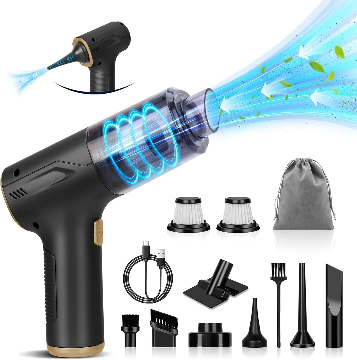 Handheld Car Vacuum Cleaner Cordless, High-Power Brushless 20000PA Mini Hand Held Cleaner with 8 Multi-Functional Nozzle & 2 Replaceable Filters, Portable Vacuum Cleaner for Car Office Pet Hair