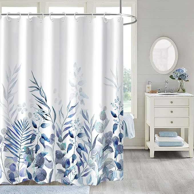 AWERT Shower Curtain Plants for Bathroom,Waterproof Quick-Drying Blue Leaves Shower Curtain Set with Hooks 72x72 Inch