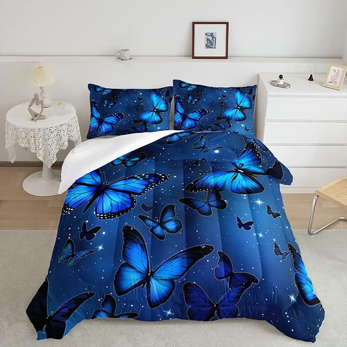 Butterfly Comforter Set for Girls Women - Bright Blue Butterflies in Sky with Stars Printed Bedding Set With 2 Pillowcases (Twin)