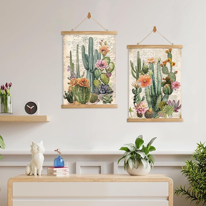 Vintage Spring Flower Poster Print, Botanical Educational Illustration, Rustic Wooden Hanger Frame, Linen Canvas Wall Art Decor, Farmhouse Cottagecore Style for Living Room Bedroom Office (16" x 23")