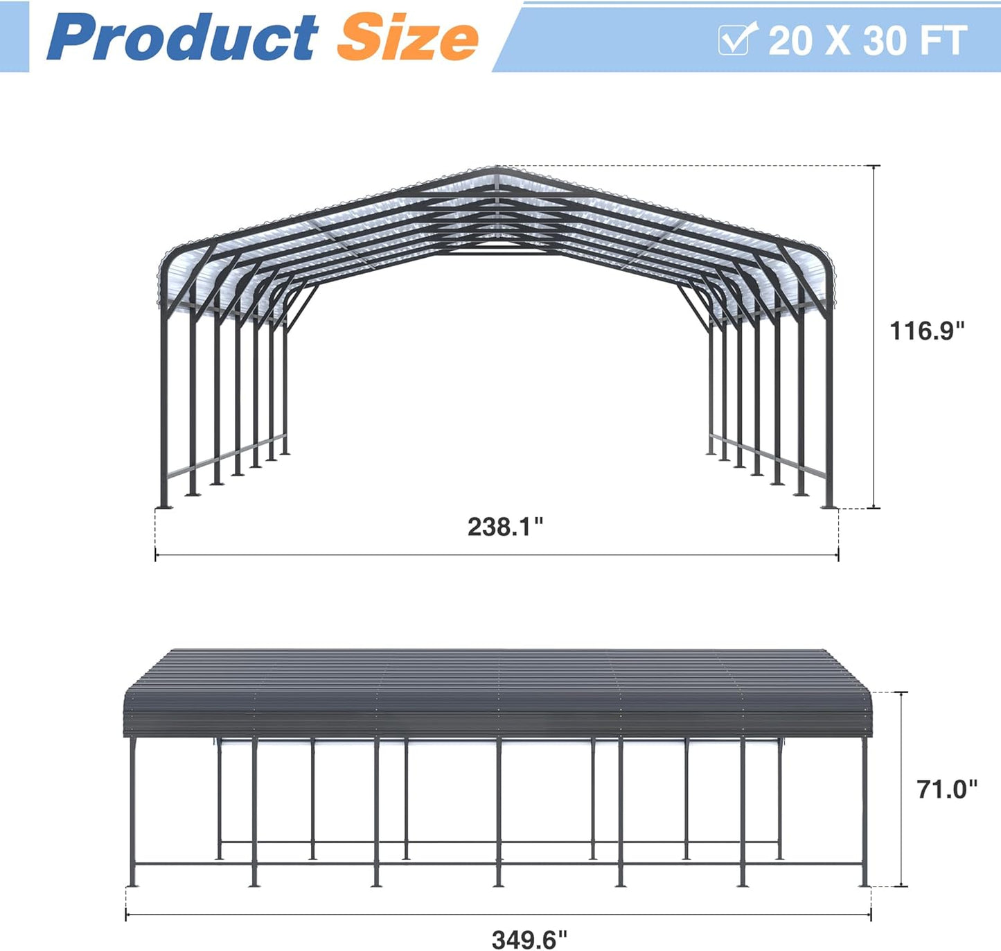20x30 FT Metal Carport Canopy Heavy Duty with Reinforced Base and Galvanized Steel Roof & Frame, Garage Shelter for Cars, Boats and Trucks