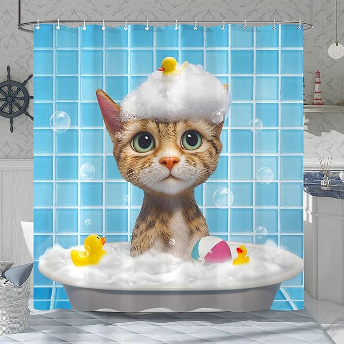 Yeoiat Cat Shower Curtain Funny Shower Curtain Bubble Cat Shower Curtains for Bathroom Cute Shower Curtain Set with 12 Hooks Cat-02 72×72 Inches