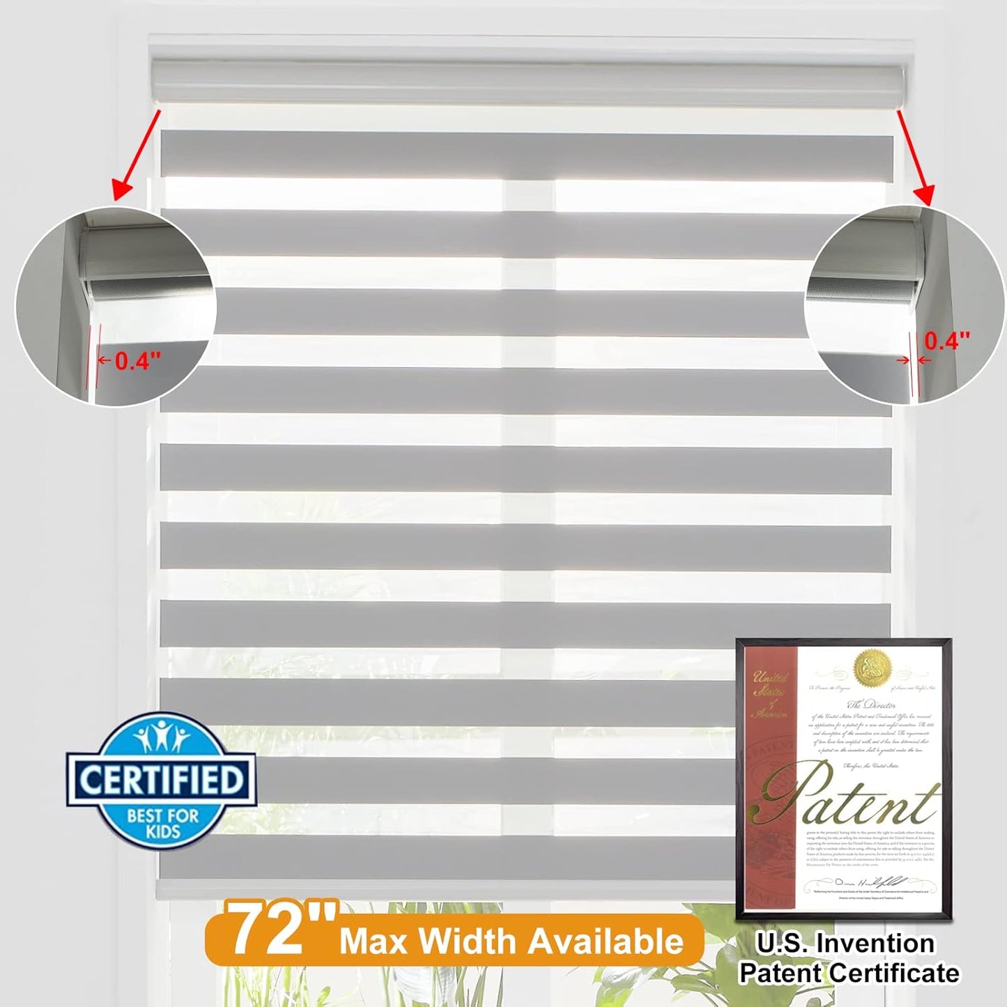 Persilux Cordless Zebra Blinds for Windows Free-Stop Roller Shades (33" W X 64" H, Grey) Dual Layer Light Cintrol for Day and Night, Light Filtering Sheer Shades for Home, Easy to Install
