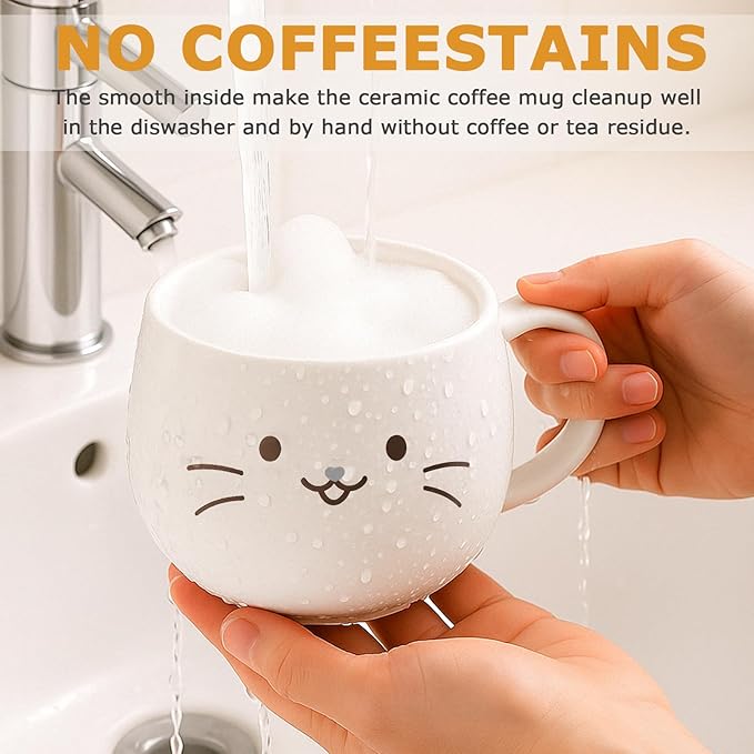 Yuwu Cat Ceramic Coffee Mug with Spoon & Lid, 13.5 oz Novelty Mug with Phone Stand Lid, Cute Tea Cup for Women & Cat Enthusiasts (White)