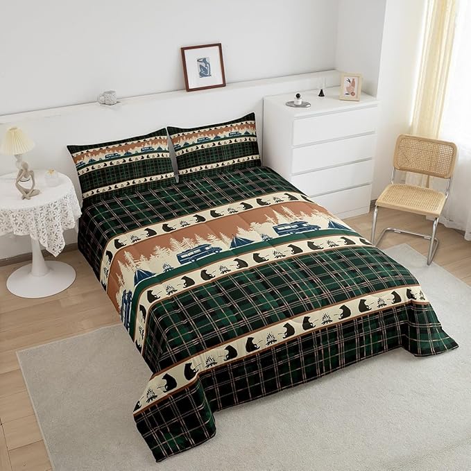Camping Comforter Set for Teens Camper Bedding Camper Accessories for Travel Trailers,Rustic Farm Style Tree Comforter Sets Green Plaid Lattice Duvet Insert with 1 Pillowcase Bedroom Decor,Twin