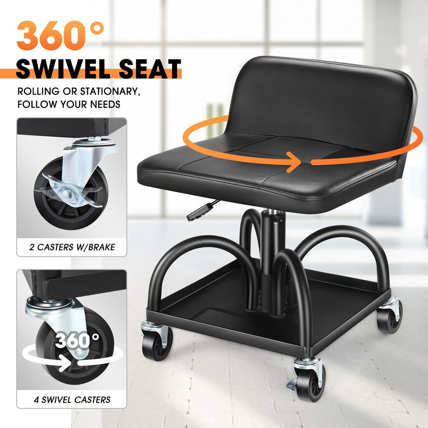 DNA MOTORING Rolling Padded Seat Adjustable Height Seat 330lbs Capacity Rolling Mechanic Creeper Stool, W/Tool Storage Drawer & Tray, Black, TOOLS-00600