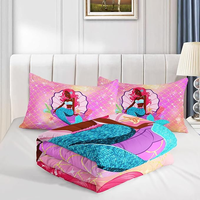 Bedding Comforter Set Black Girl Magic Mermaid Printed Pattern Quilt with 1 and 2 Pillowcases for Girls Bedroom All Season(Black Pink Queen) Queen 90x90inches