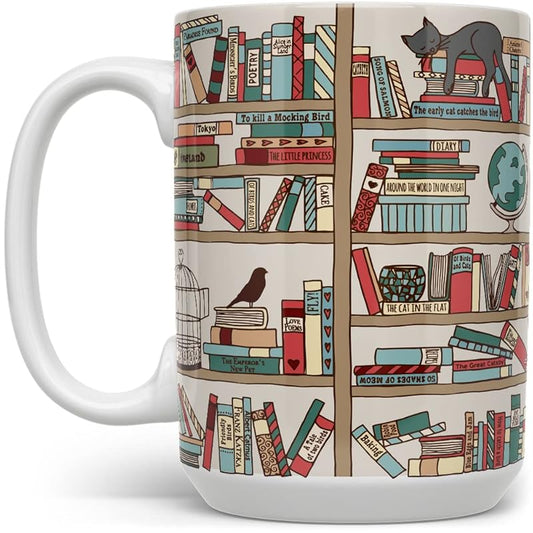Book Coffee Mug, Book Lover Gift, Bookish Gifts, Librarian Mug, Bookworm Mug, Gift for Bibliophile, Books and Cats (15oz)