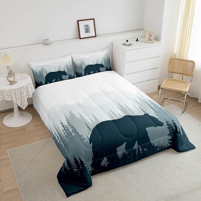 Woodland Comforter Set for Kids Boys Girls Teens,Bear Wild Animal Silhouette Bedding Set Twin Size,Natural Tree Down Comforter Home Room Decor,Misty Mountain Quilted Duvet Warm with 1 Pillow Sham
