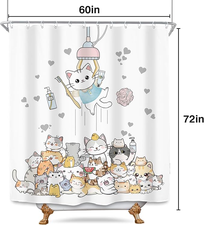 SVBright Funny Cat Shower Curtain 60Wx72L Inch Kids Cute Kitten Cartoon Children Animal Pets Fun Hilarious Lovely Boys Girls Toddler 12 Pack Hooks Polyester Waterproof Fabric Bathroom Bathtub Panels
