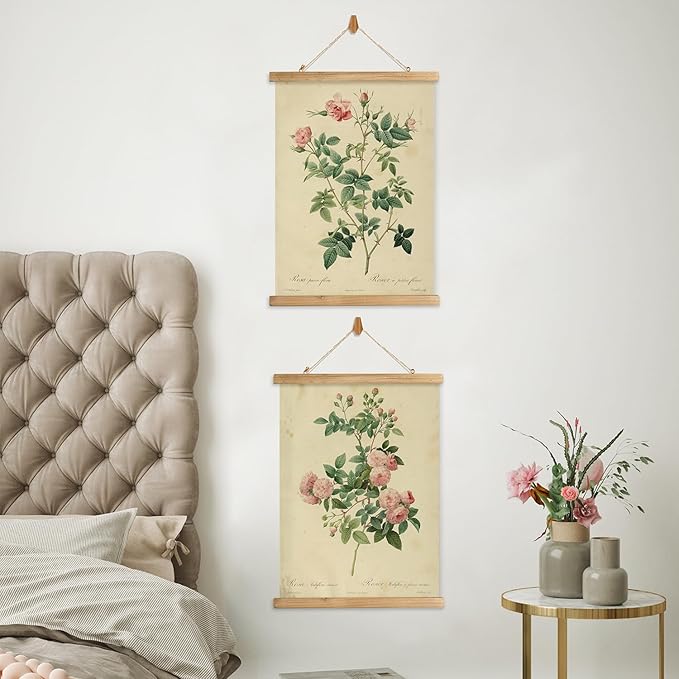 XIAOAIKA 2 Pack Vintage Rose Botanical Prints Poster - Antique Flower Illustrations with Wooden Scroll Frame - Elegant Wall Art for Home Decor, Garden Enthusiast, or Floral Designer 16 x 23 Inches