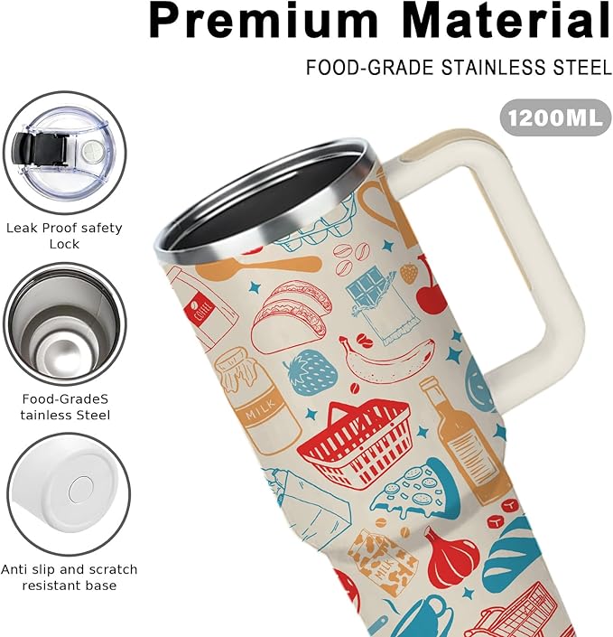 Western Food Tumbler 40oz, Funny Doodle Western Food Art Style Gifts for Women Girls, Abstract Retro Bread Design Gift for Her on Christmas Birthday Mothers Day, Foodie Gifts