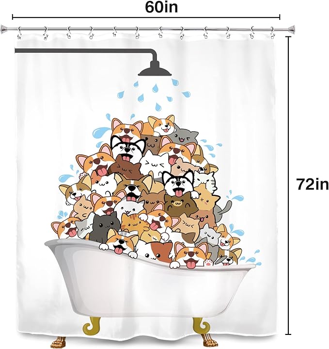 SVBright Cats Shower Curtain Kids Cute Cartoon Dogs Corgi Cute Animal Bathtub 60Wx72L Inch Funny Kawaii Hilarious Pet Playing Water12 Pack Hooks Polyester Waterproof Fabric Bathroom Bathtub Panels