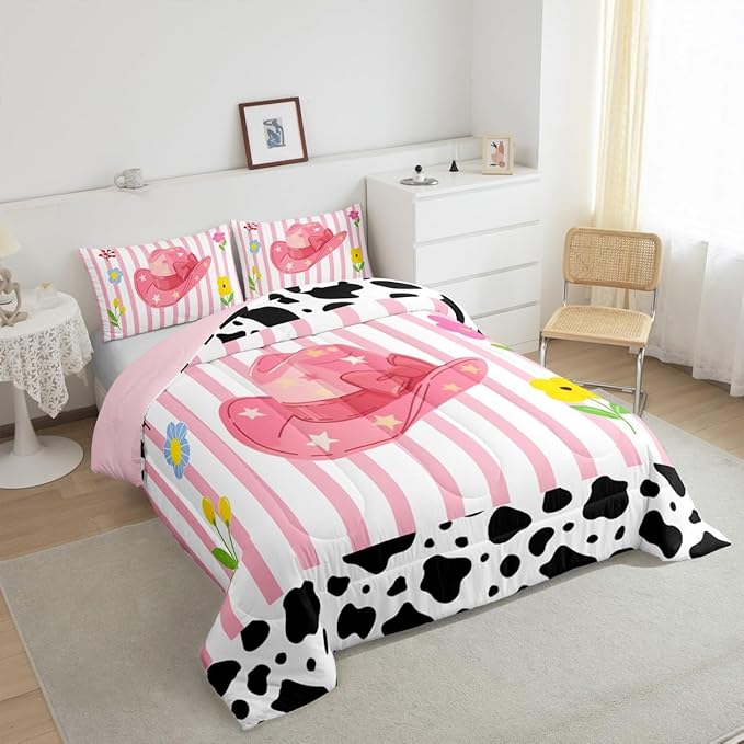 Western Cowgirl Comforter Set Full Size,Pink Cowboy Hat Bedding Sets for Kids Girls Boys Teens Room Decor,Black White Cow Fur Print Quilt Set Cartoon Sweet Striped Duvet Insert,2 Pillowcases