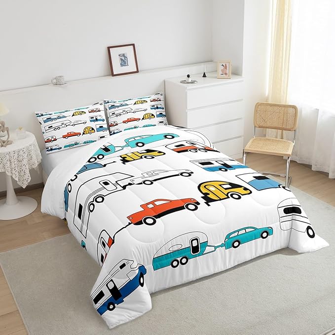 Camper Comforter Set King, Happy Camping Bedding Set for Kids Boys Girls Children, Camping Trailer Travel Car Pattern Bedding Comforters & Sets, Cartoon Car Down Comforter RV Accessories, Colorful
