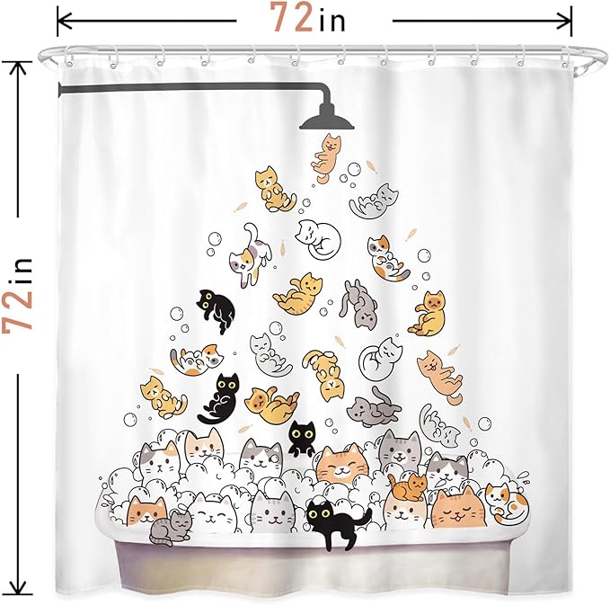 SVBright 4PCs Kids Bathroom Sets Cat Shower Curtain Set 72Wx72H Cartoon Cute Animal Funny Child Bathroom Rug Quick Dry Bath Rug Mat Toilet Mat U-Shape Cover Nonslip Washroom Decor Shower Accessories
